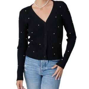 H&M Rhinestone Embellished Ribbed Thick Knit V-Neck button front Cardigan